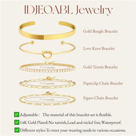 14K Gold Plated Stackable Bangle Cuff Bracelet Set for Women - Picture 3 of 7